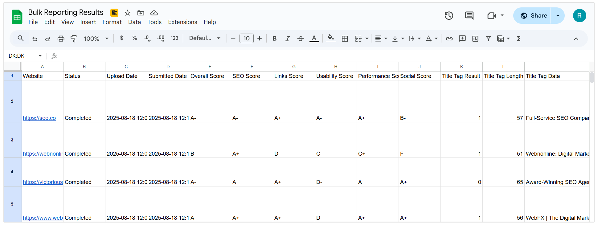 Bulk reporting results CSV